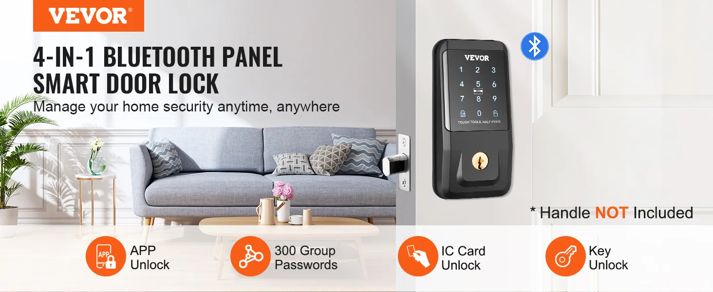 Cerradura inteligente VEVOR, panel Bluetooth 4 en 1 para seguridad del hogar con aplicación, llave, tarjeta IC y desbloqueo con contraseña.