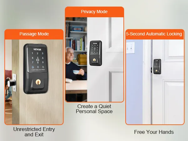 Modos de cerradura inteligente VEVOR: modo de paso para una entrada fácil, modo de privacidad para espacios tranquilos, bloqueo automático.