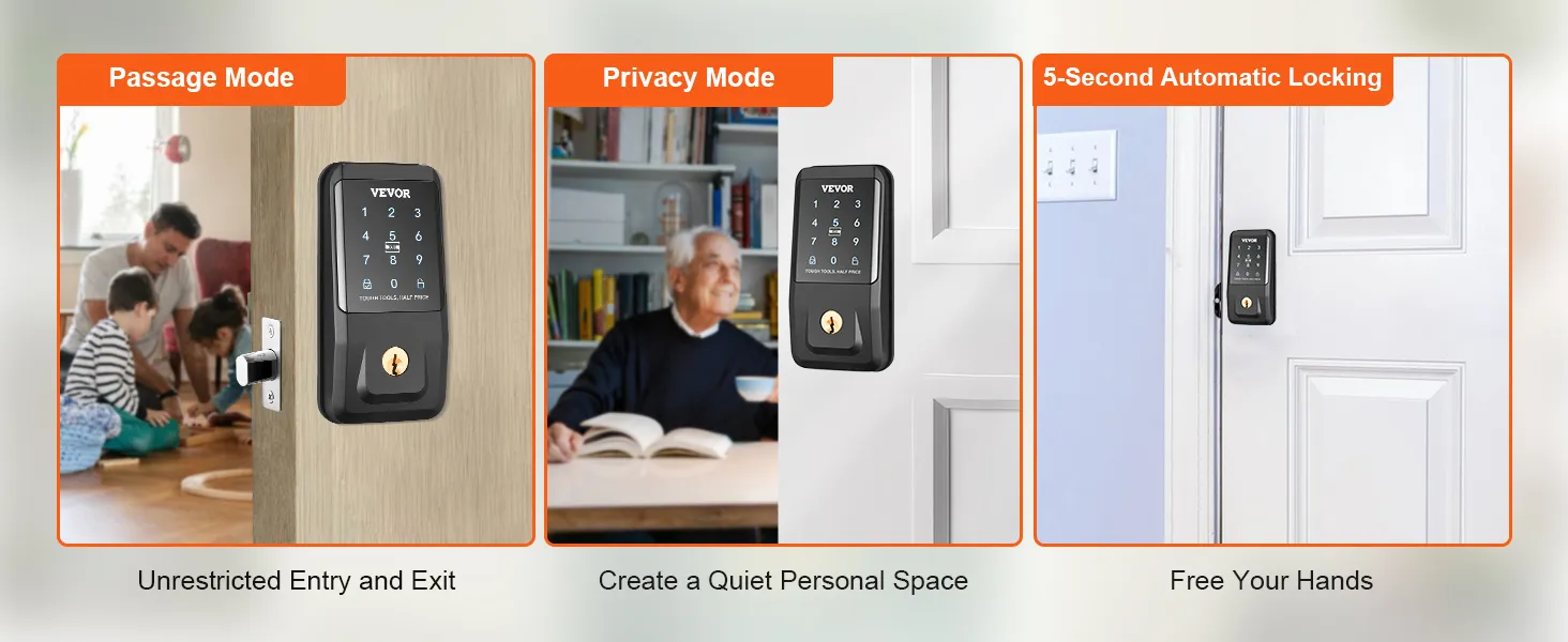 Modos de cerradura inteligente VEVOR: modo de paso para una entrada fácil, modo de privacidad para espacios tranquilos, bloqueo automático.