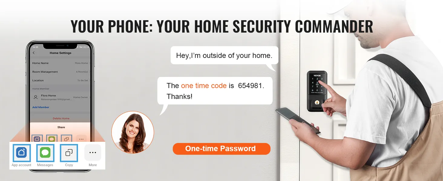 La cerradura inteligente VEVOR permite el ingreso seguro de una contraseña de un solo uso desde un teléfono inteligente para la seguridad del hogar.