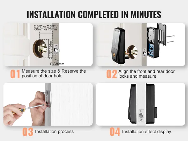 Guía de instalación para cerradura inteligente VEVOR con cuatro pasos: medir, alinear, instalar y mostrar.