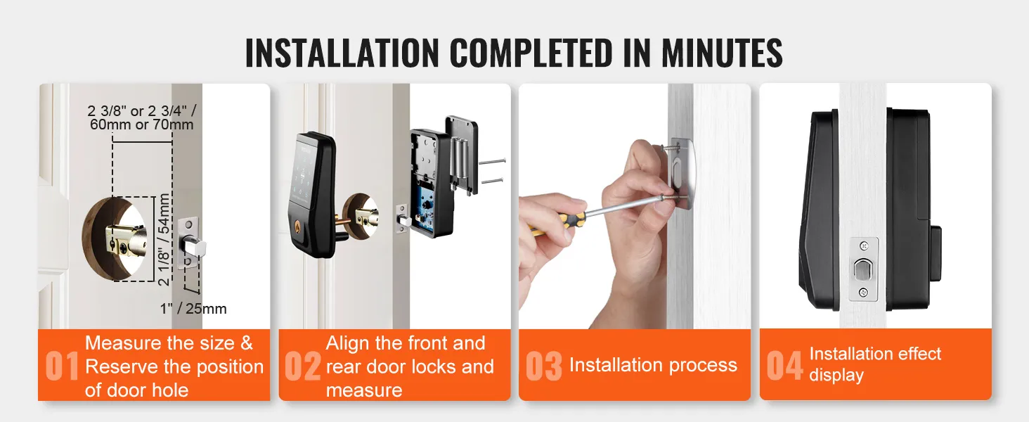 Guía de instalación para cerradura inteligente VEVOR con cuatro pasos: medir, alinear, instalar y mostrar.