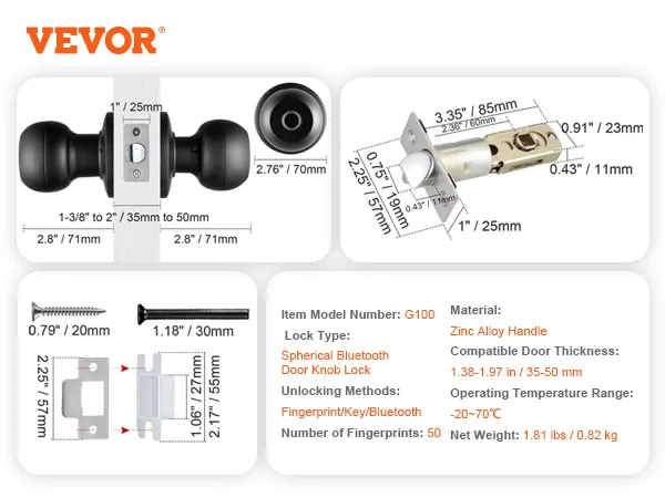 Detalles de la cerradura de puerta inteligente VEVOR con perilla esférica bluetooth, desbloqueo por huella dactilar/llave y manija de aleación de zinc.