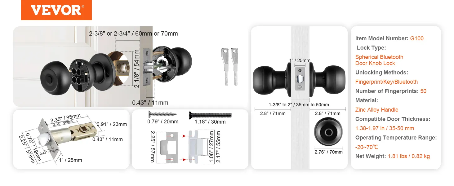 Detalles de la cerradura de puerta inteligente VEVOR con perilla esférica bluetooth, desbloqueo por huella dactilar/llave y manija de aleación de zinc.