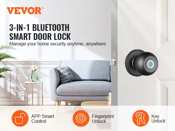 Cerradura de puerta inteligente VEVOR, cerradura Bluetooth 3 en 1 con control de aplicación, función de huella digital y desbloqueo con llave.