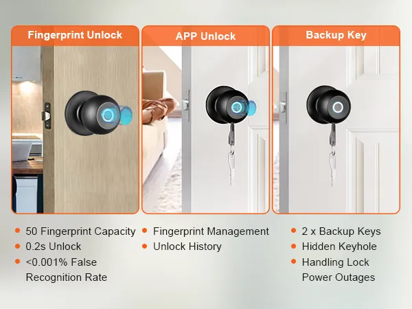 Cerradura de puerta inteligente VEVOR con desbloqueo por huella digital, control de aplicación y funciones de llave de respaldo que se muestran en tres imágenes.