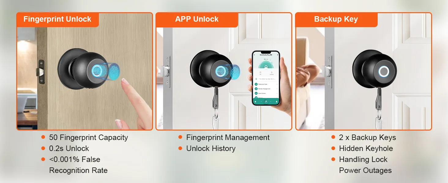 Cerradura de puerta inteligente VEVOR con desbloqueo por huella digital, control de aplicación y funciones de llave de respaldo que se muestran en tres imágenes.