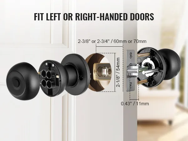 Vista ampliada de la cerradura de puerta inteligente VEVOR que muestra componentes, medidas y ajuste para puertas izquierdas o derechas.