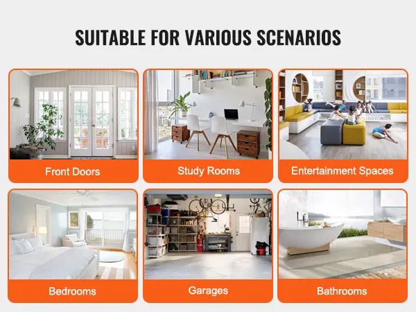 Aplicaciones de cerradura de puerta inteligente VEVOR: puertas de entrada, salas de estudio, espacios de entretenimiento, dormitorios, garajes, baños.
