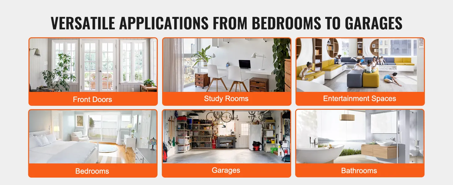 Aplicaciones de cerradura de puerta inteligente VEVOR: puertas de entrada, salas de estudio, espacios de entretenimiento, dormitorios, garajes, baños.