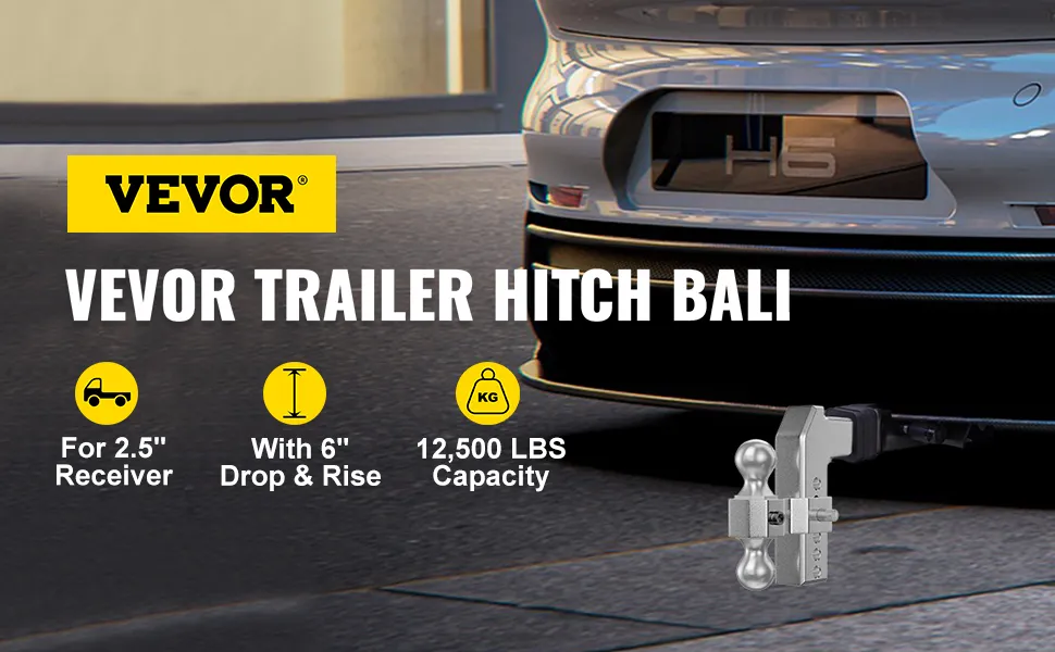 VEVOR adjustable trailer hitch for 2.5" receiver with 6" drop & rise, 12,500 lbs capacity.