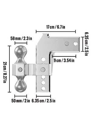 VEVOR adjustable trailer hitch with dimensions labeled for height, length, and ball size in cm and inches.