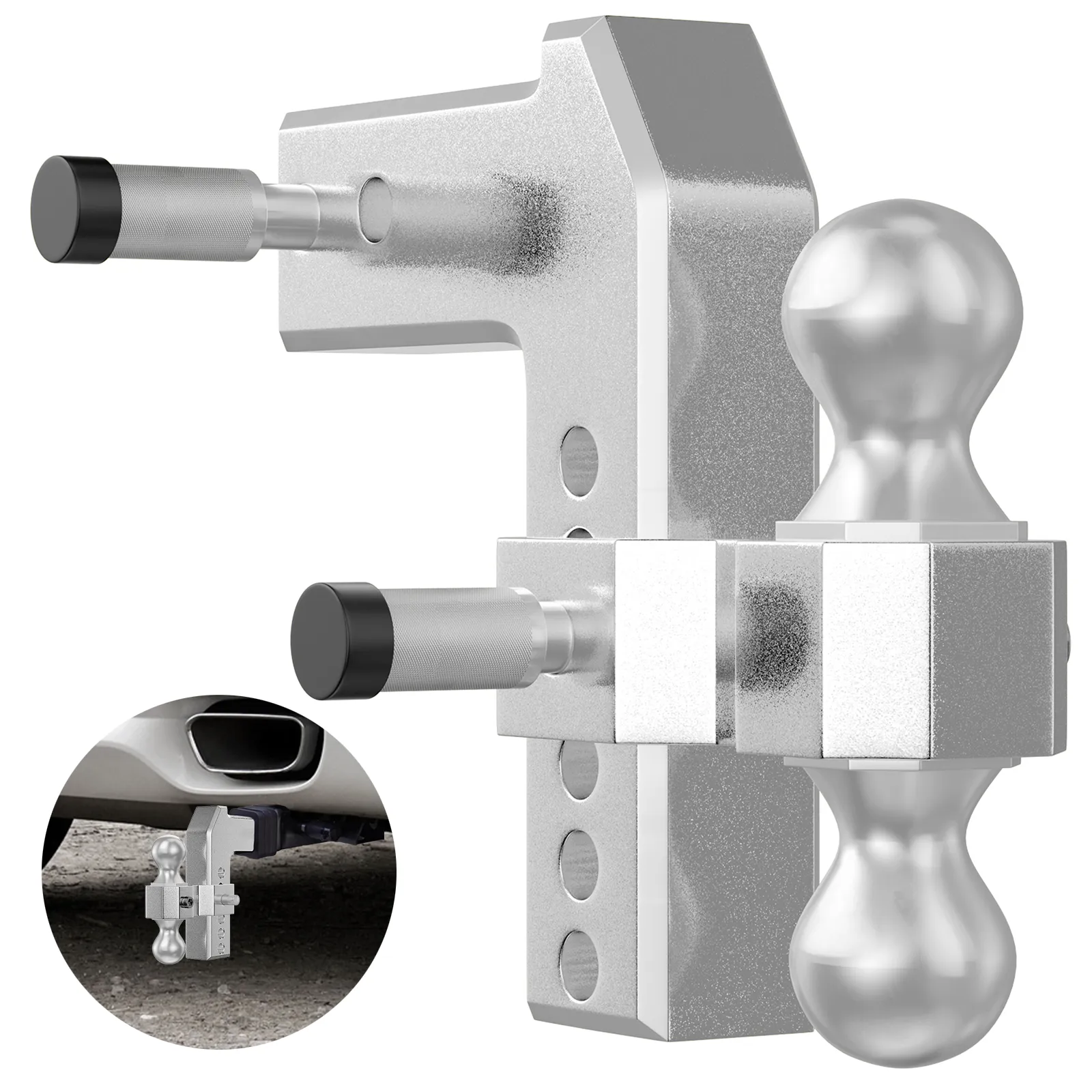 VEVOR adjustable trailer hitch with dual pins and ball mount connected to a car for secure towing.