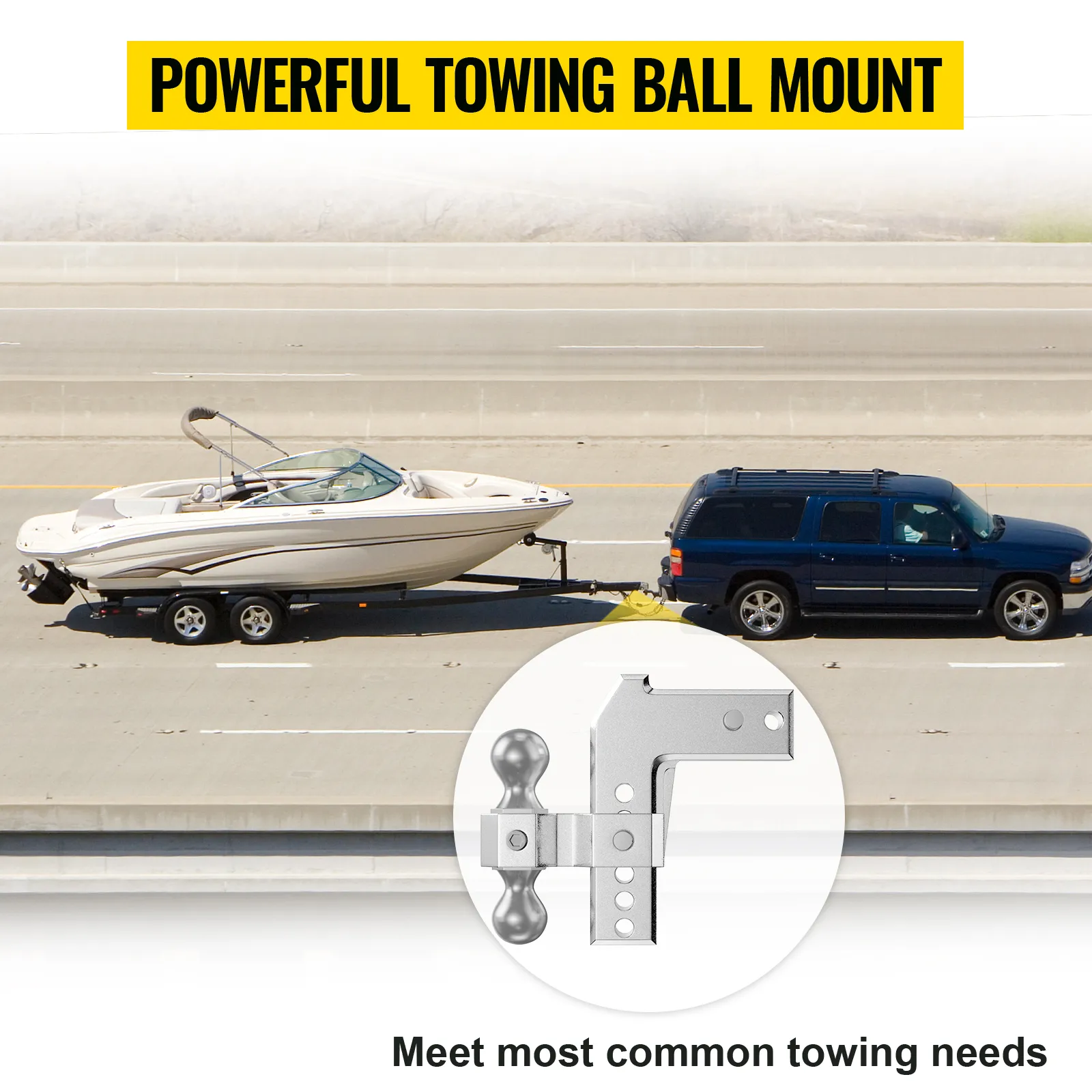 VEVOR adjustable trailer hitch towing a boat with suv on highway, highlighting powerful towing ball mount.