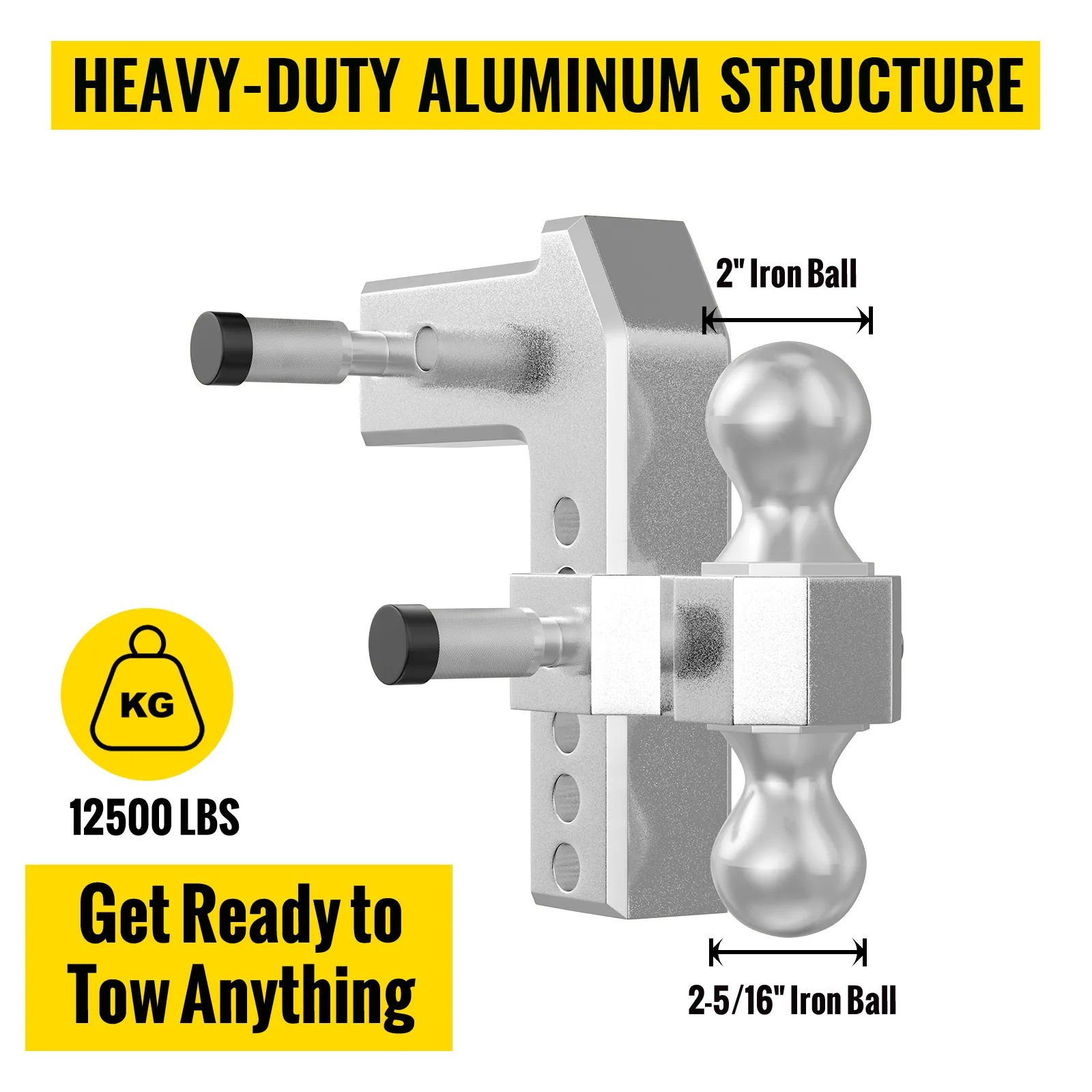 VEVOR adjustable trailer hitch, heavy-duty aluminum, dual iron balls, 12500 lbs, get ready to tow.