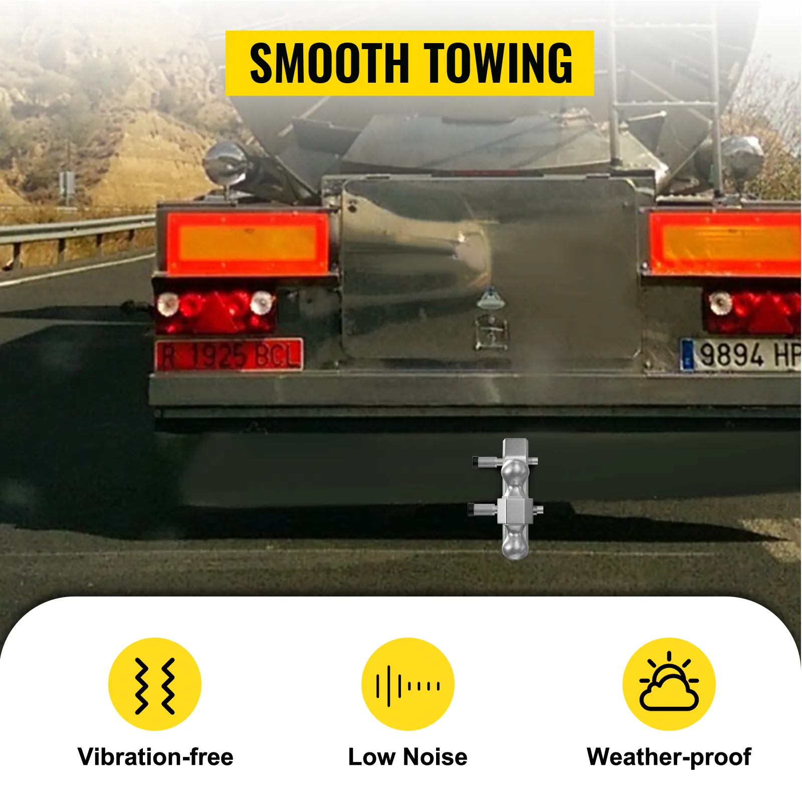 VEVOR adjustable trailer hitch ensuring smooth towing, vibration-free, low noise, and weather-proof features.