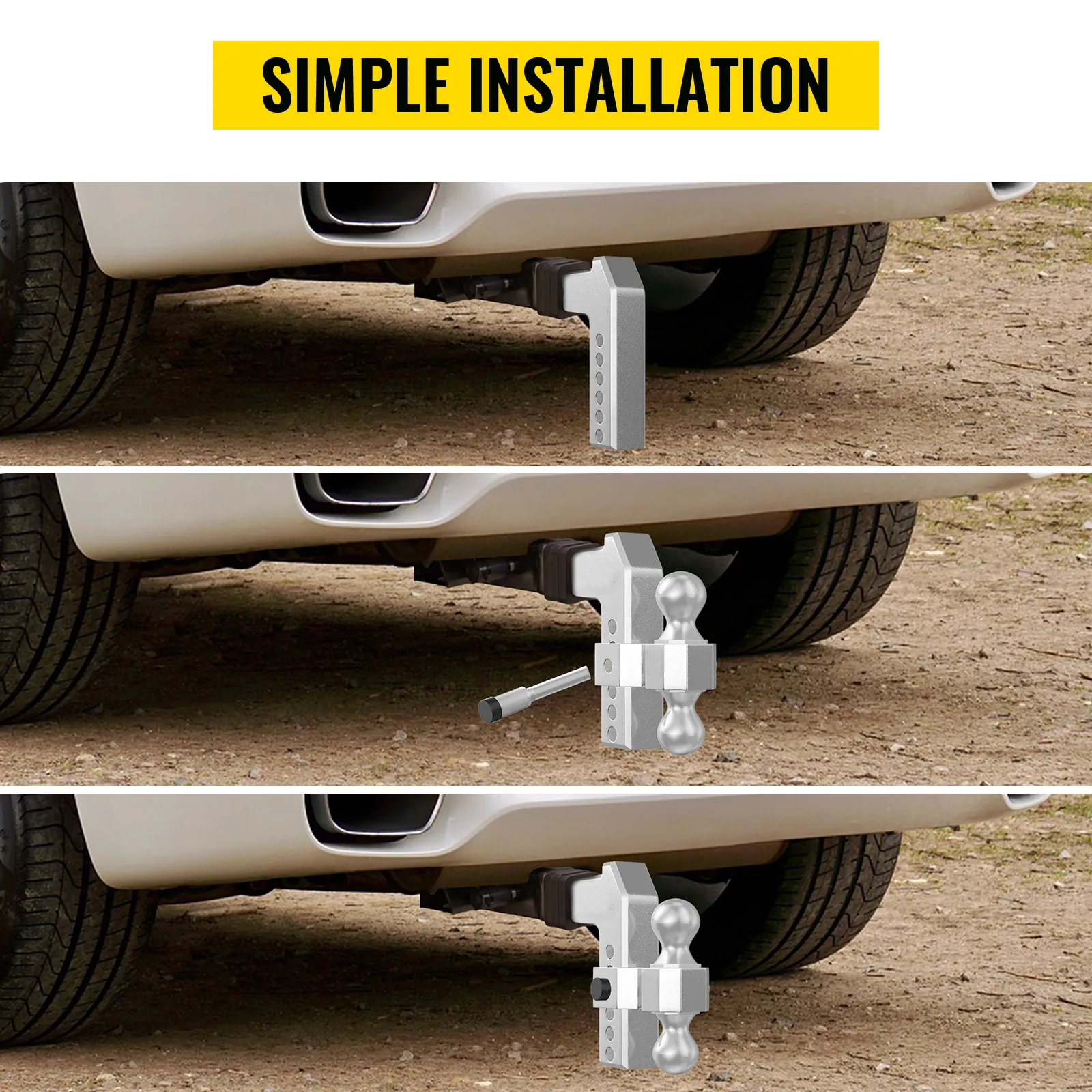 VEVOR adjustable trailer hitch with step-by-step installation guide shown on a car hitch receiver.