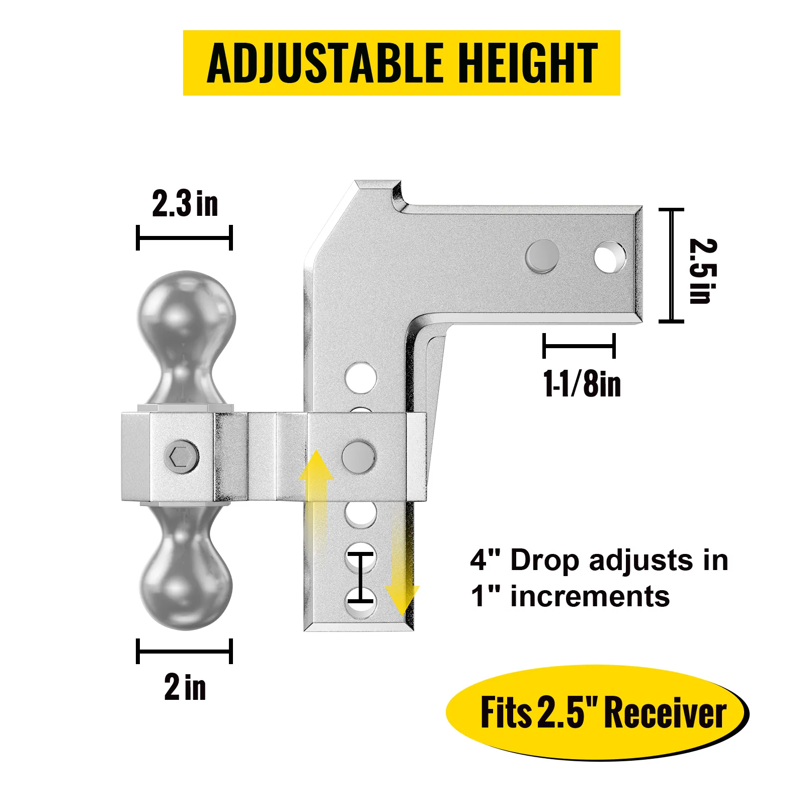 VEVOR adjustable trailer hitch with 2.3in ball, fits 2.5" receiver, 4" drop adjustable in 1" increments.