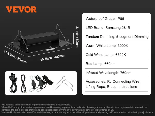 VEVOR led grow light, ip65, samsung 281b, 5-segment dimming, 3000k, 6500k, 660nm, 760nm, accessories included.