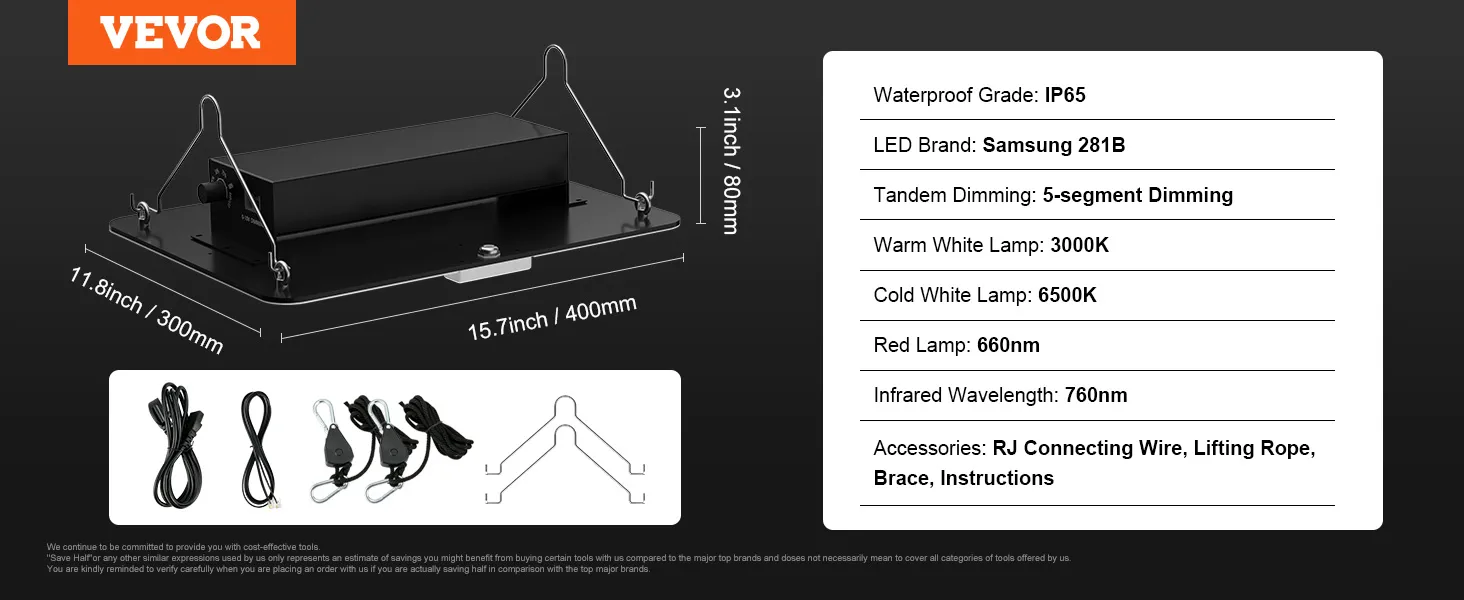 VEVOR led grow light, ip65, samsung 281b, 5-segment dimming, 3000k, 6500k, 660nm, 760nm, accessories included.
