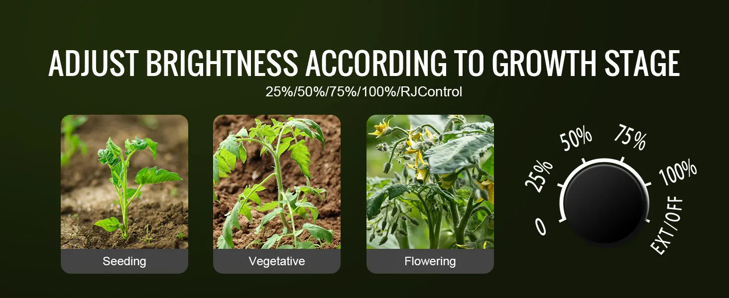 adjustable brightness for VEVOR led grow light with seeding, vegetative, and flowering stages.
