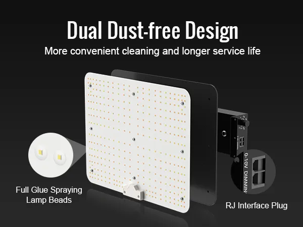 VEVOR led grow light with dual dust-free design, full glue spraying lamp beads, and rj interface plug.