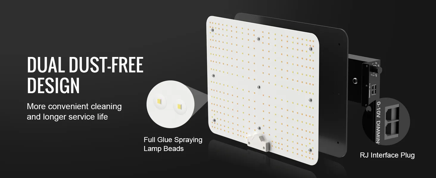 VEVOR led grow light with dual dust-free design, full glue spraying lamp beads, and rj interface plug.