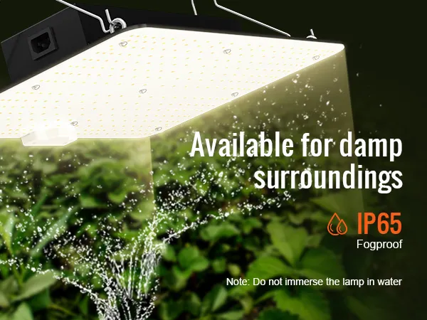 VEVOR led grow light showcasing ip65 fogproof rating, suitable for damp surroundings above green plants.