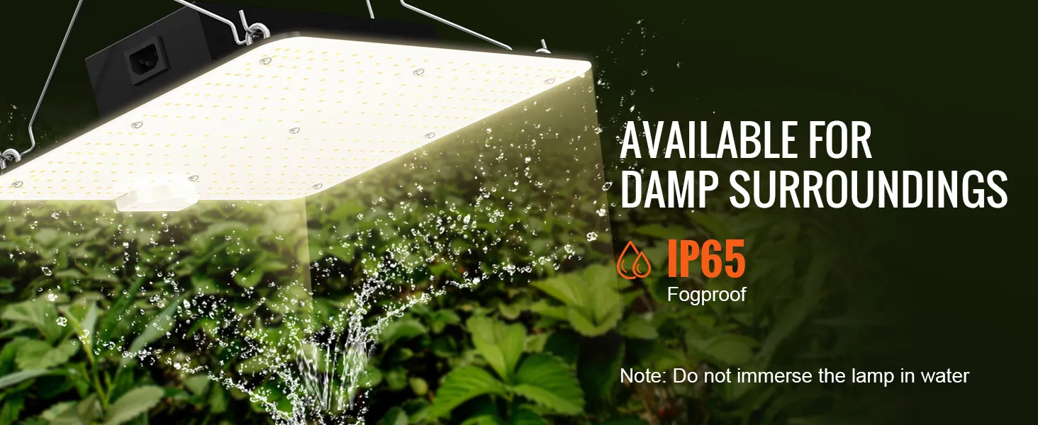 VEVOR led grow light showcasing ip65 fogproof rating, suitable for damp surroundings above green plants.