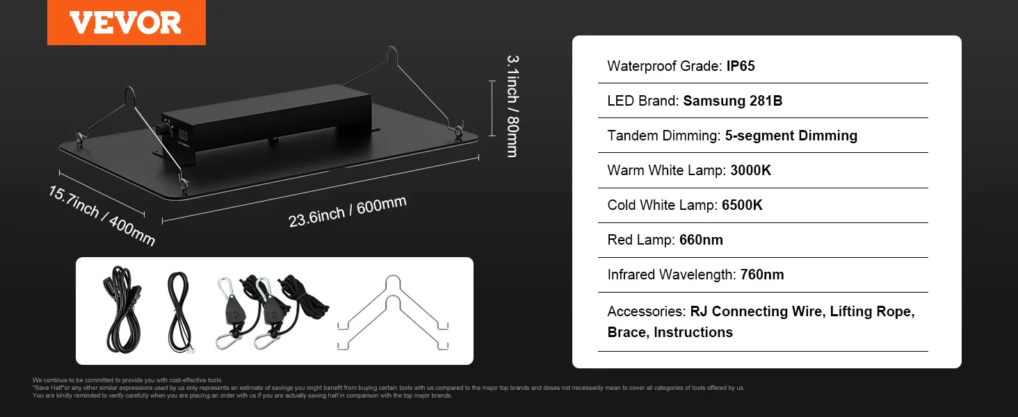 Luz de cultivo LED VEVOR, 23,6 x 15,7", resistente al agua IP65, LED Samsung 281b, atenuación de 5 segmentos, 3000k, 6500k.