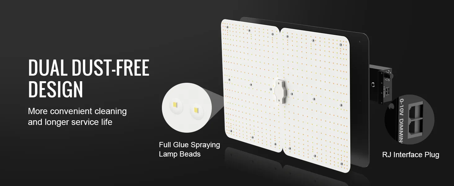 Luz de cultivo LED VEVOR con diseño dual libre de polvo, perlas de lámpara con pulverización de pegamento completo y enchufe de interfaz RJ.