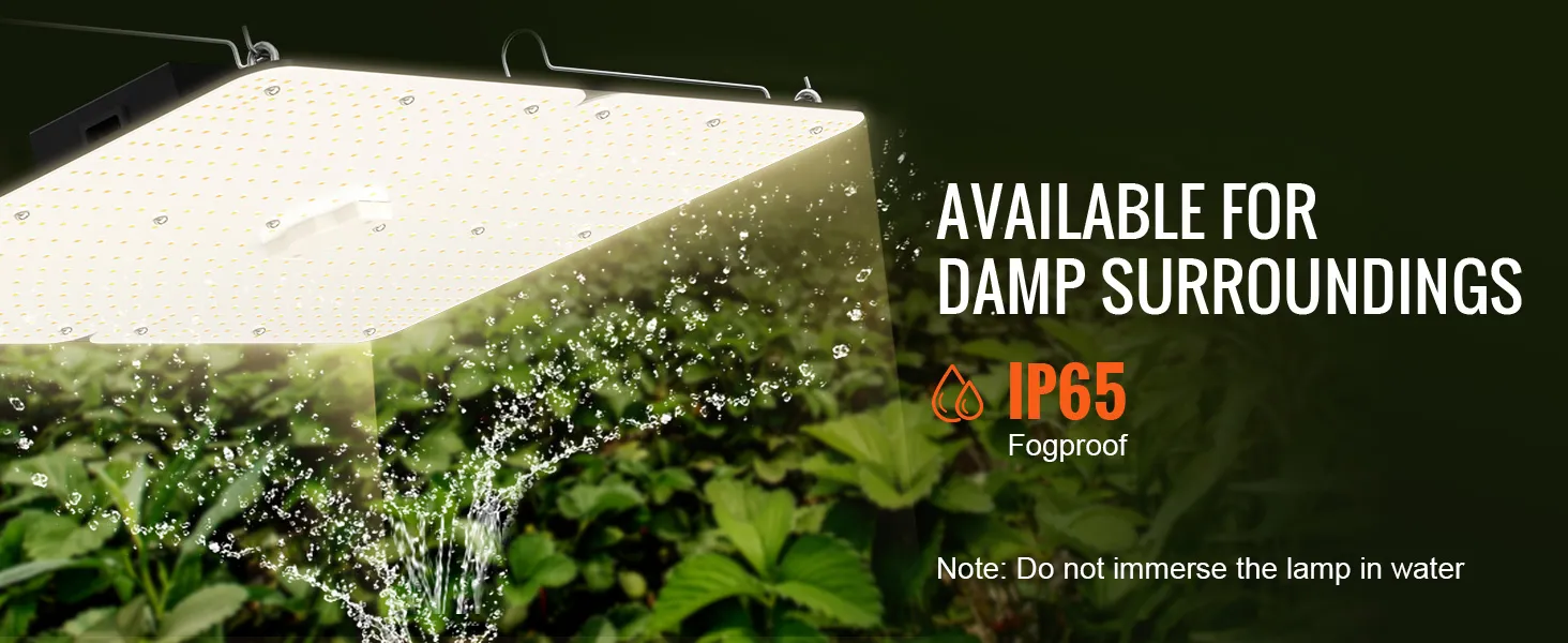 Luz de cultivo LED VEVOR con clasificación de impermeabilidad IP65 para entornos húmedos y crecimiento de plantas.
