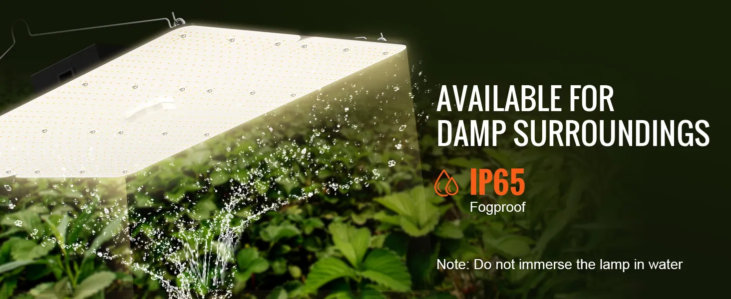 Luz de cultivo LED VEVOR con clasificación de impermeabilidad IP65, adecuada para entornos húmedos, que ilumina las plantas.