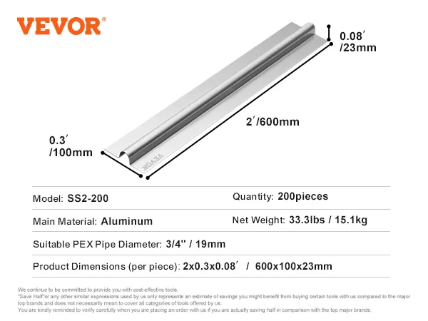 VEVOR pex heat transfer plates made of aluminum, suitable for 3/4” pex pipes, dimensions 600x100x23mm.