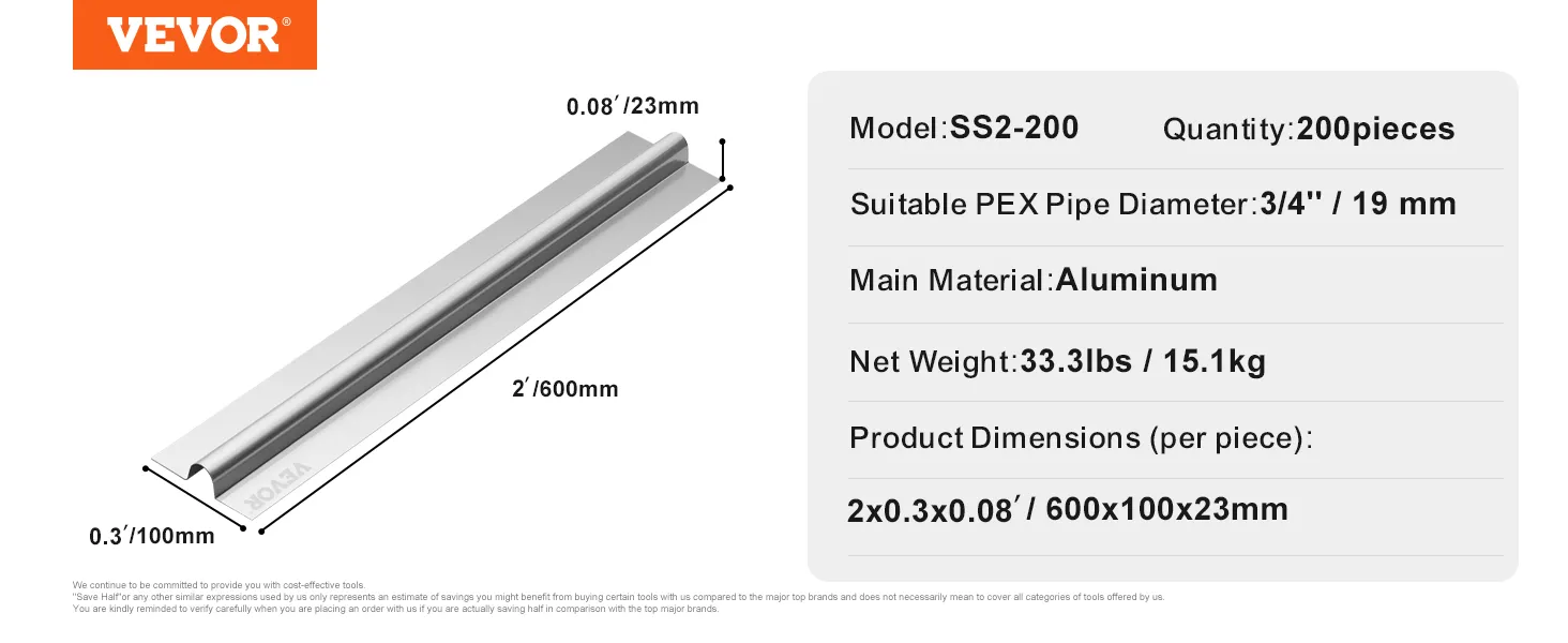 VEVOR pex heat transfer plates made of aluminum, suitable for 3/4” pex pipes, dimensions 600x100x23mm.