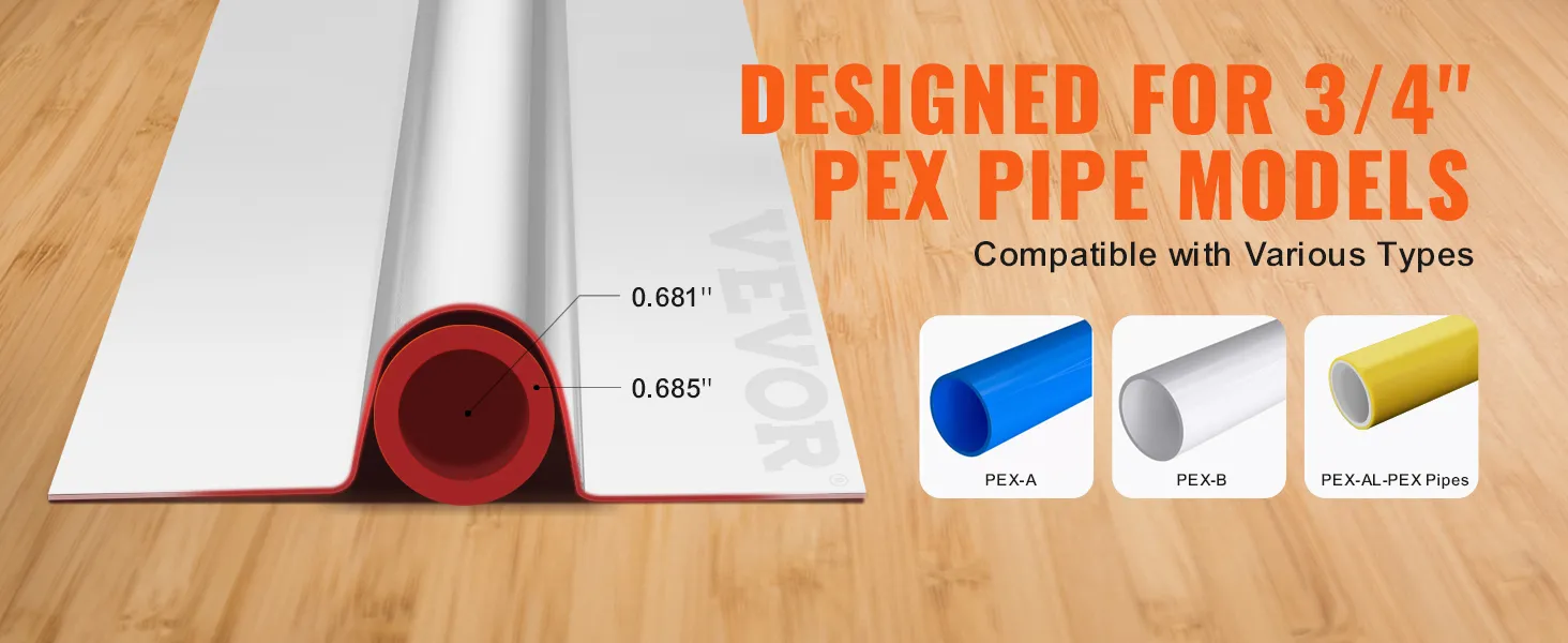 VEVOR pex heat transfer plates designed for 3/4" pex pipes, compatible with pex-a, pex-b, and pex-al-pex.