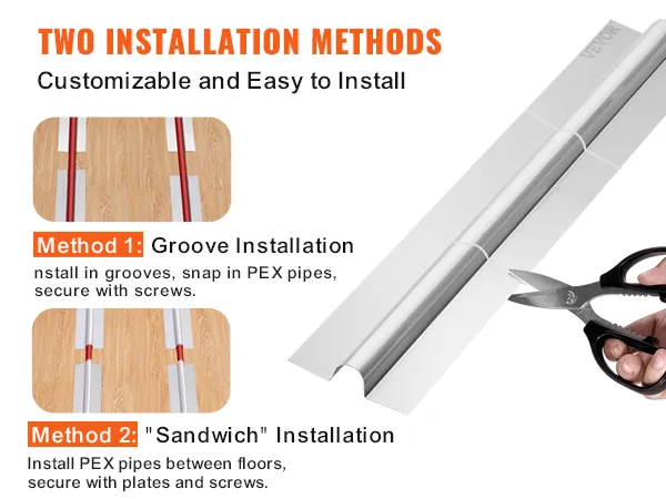 two methods for installing VEVOR pex heat transfer plates: groove or sandwich, customizable and easy.