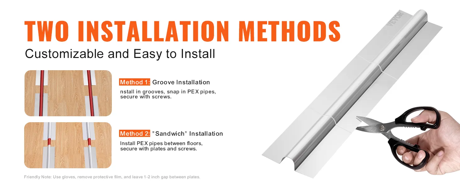two methods for installing VEVOR pex heat transfer plates: groove or sandwich, customizable and easy.