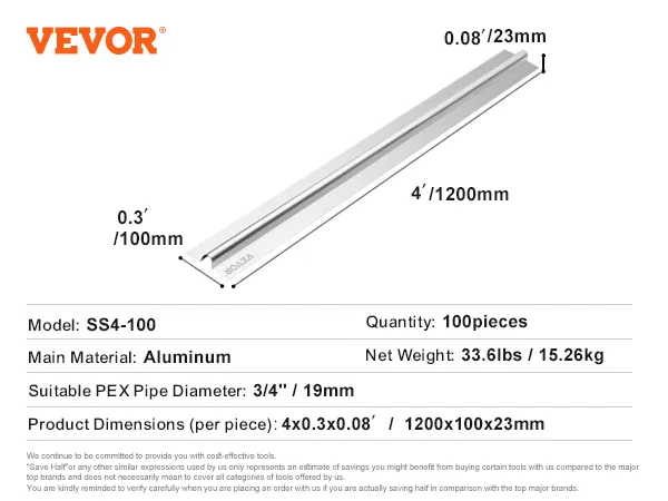 VEVOR pex heat transfer plates, aluminum, for 3/4" pex pipes, set of 100, dimensions: 4'x0.3"x0.08".