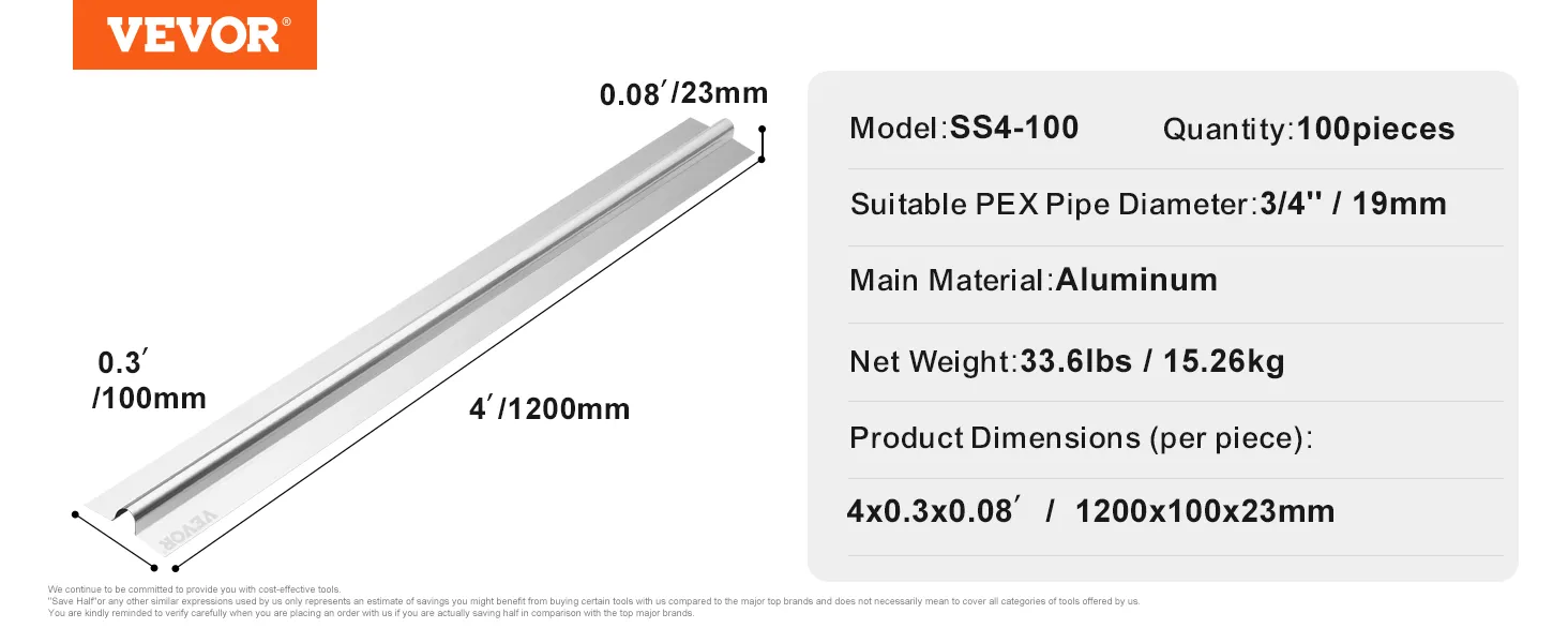 VEVOR pex heat transfer plates, aluminum, for 3/4" pex pipes, set of 100, dimensions: 4'x0.3"x0.08".