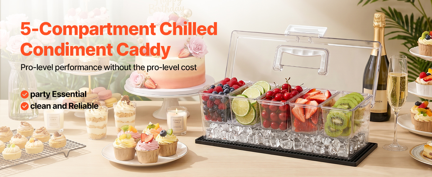 VEVOR Chilled Condiment Server Caddy, 5 Compartment Ice Cooled