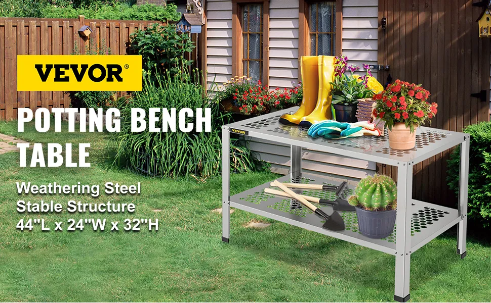 Mesa de jardín VEVOR con banco para macetas en un jardín al lado de un cobertizo, con herramientas de jardinería y plantas.