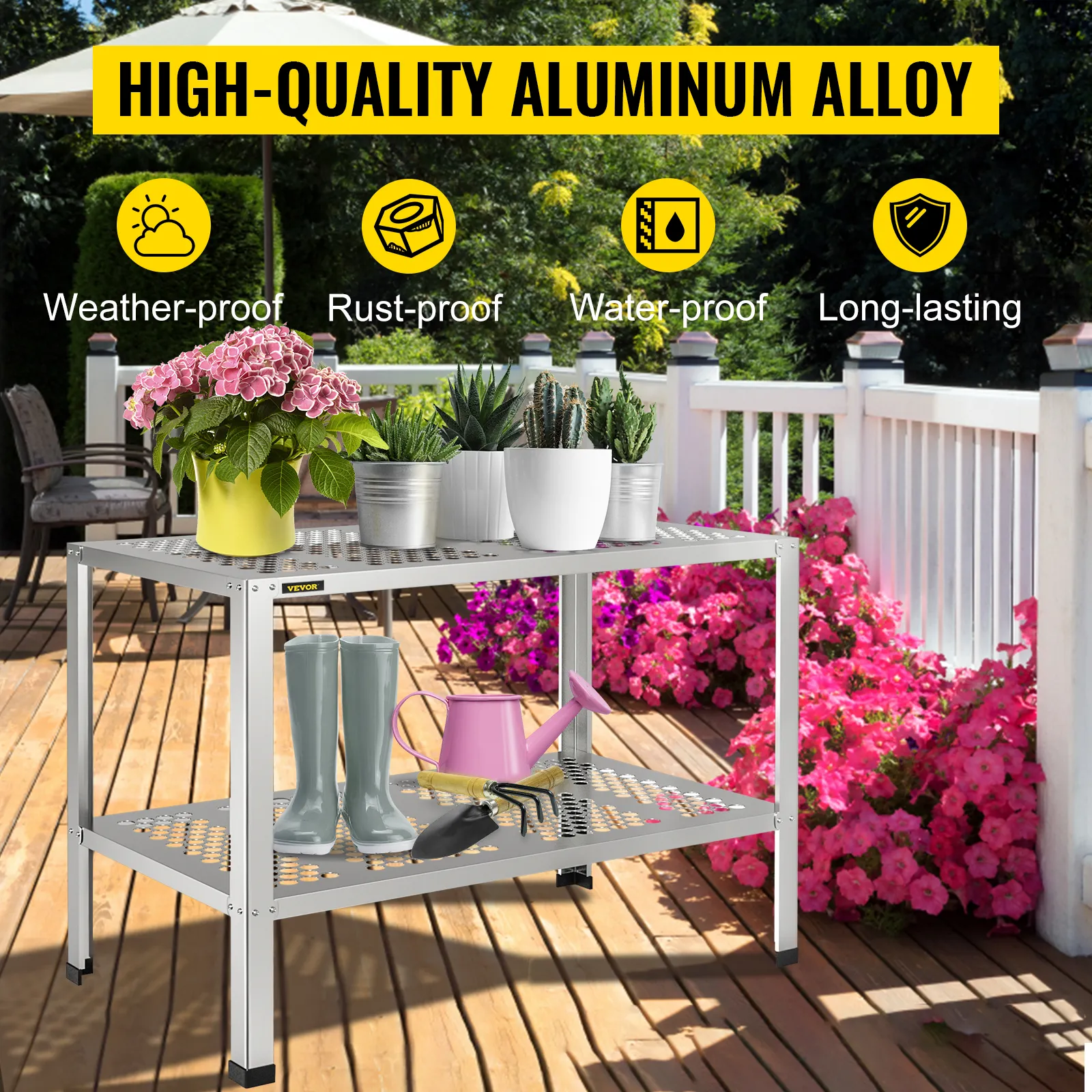Banco para macetas VEVOR en jardín, con plantas en macetas y herramientas de jardinería sobre plataforma de madera.
