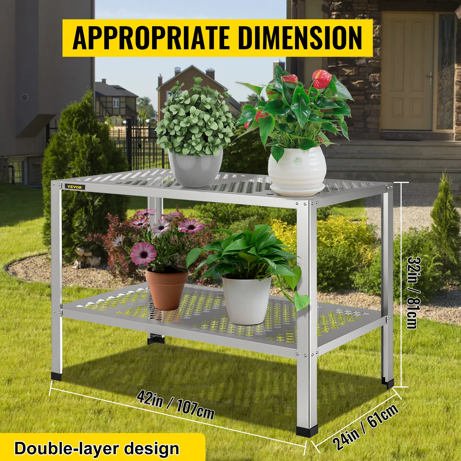 Banco para macetas VEVOR en jardín con plantas, diseño de doble capa, 42 x 24 x 32 pulgadas.