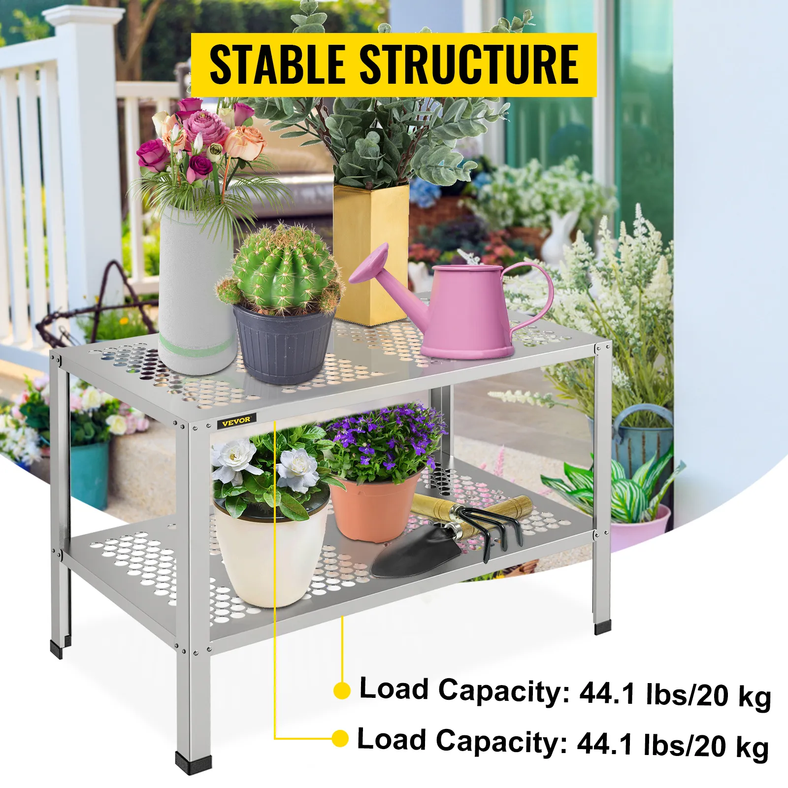 Banco para macetas VEVOR con flores, cactus y herramientas de jardinería sobre una estructura estable.