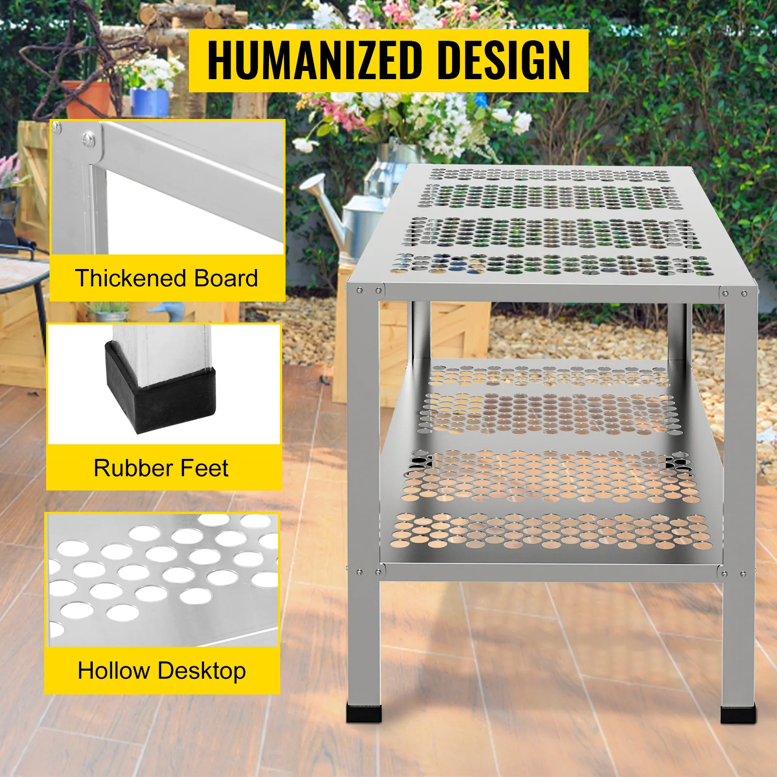 Banco para macetas VEVOR con escritorio hueco, tablero engrosado y patas de goma en un entorno de jardín.