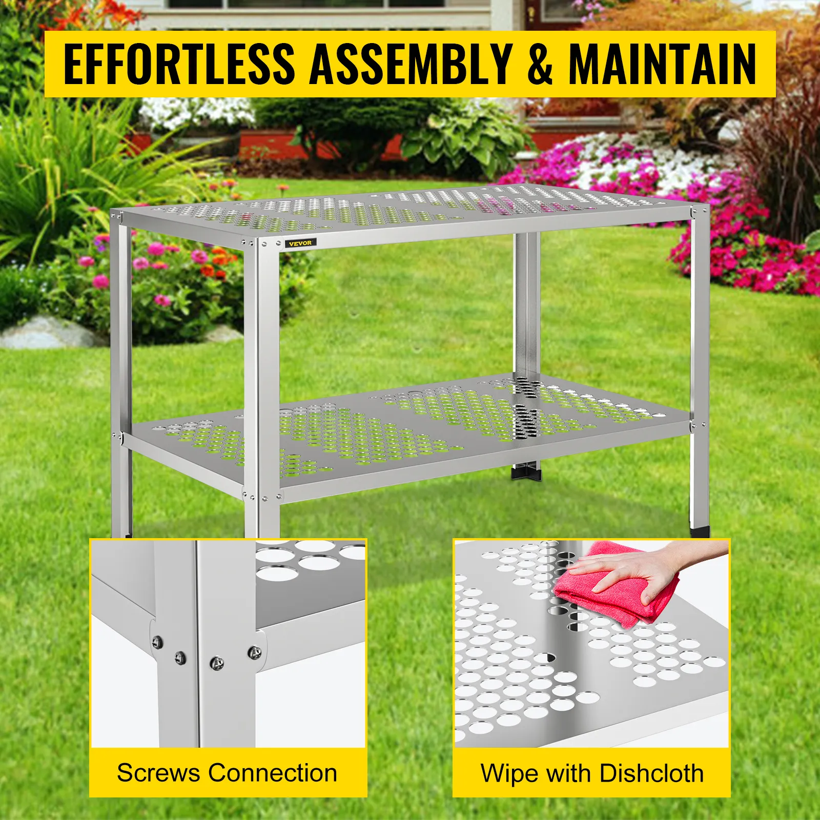 Banco para macetas VEVOR en un jardín, que muestra la conexión de tornillos y su fácil limpieza.