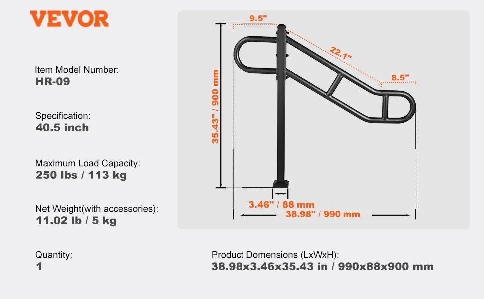 VEVOR stair handrail dimensions with model number hr-09, 40.5-inch, and 250 lbs load capacity.