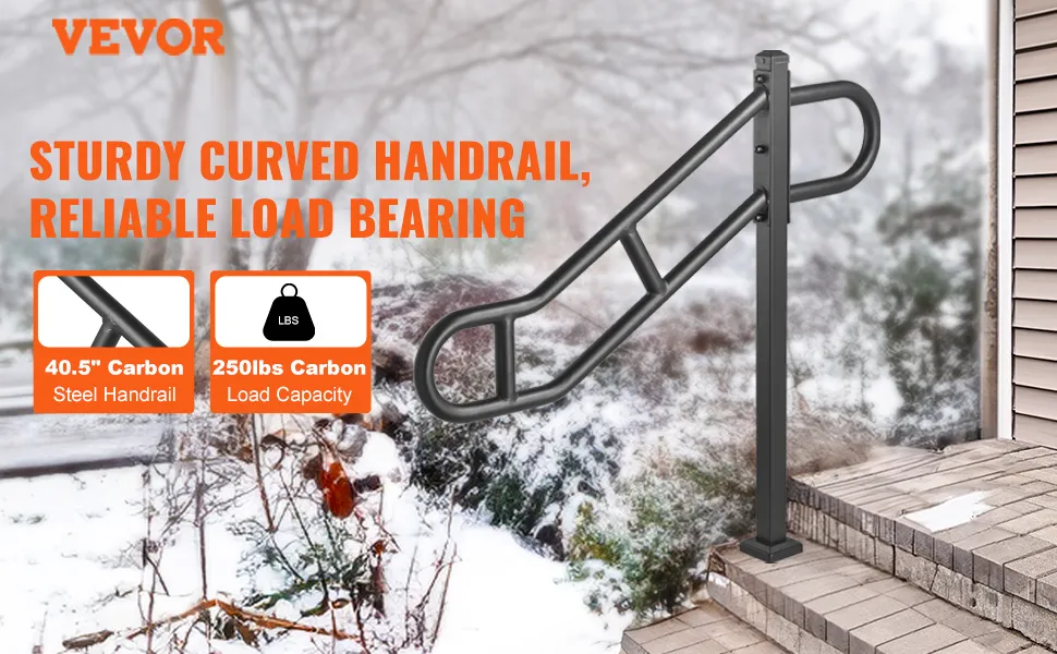 VEVOR stair handrail, curved, 40.5" carbon steel, 250lbs load capacity, mounted by snowy steps.