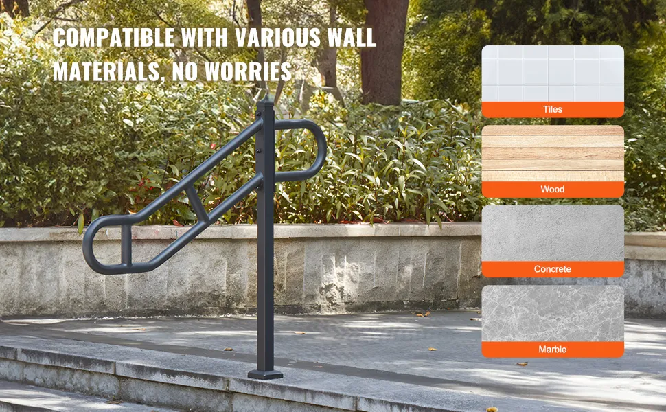 VEVOR stair handrail installed outdoors with compatibility details for tiles, wood, concrete, and marble.